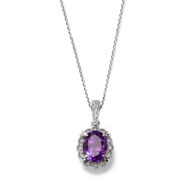 Women’s double-layer necklace-Classic Amethyst and Diamond Pendant, 14K White Gold