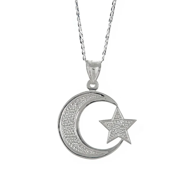 Women’s nameplate necklace-Better Jewelry Sterling Silver .925  Muslim / Islam Crescent Moon + Star Pendant w. Cuban Chain (Made in USA)