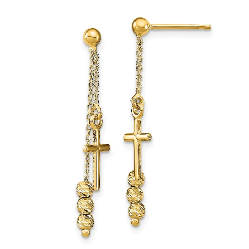 Women’s chic earrings-14KT Yellow Gold 32X7MM Diamond-cut Cross Beaded Dangling Earrings