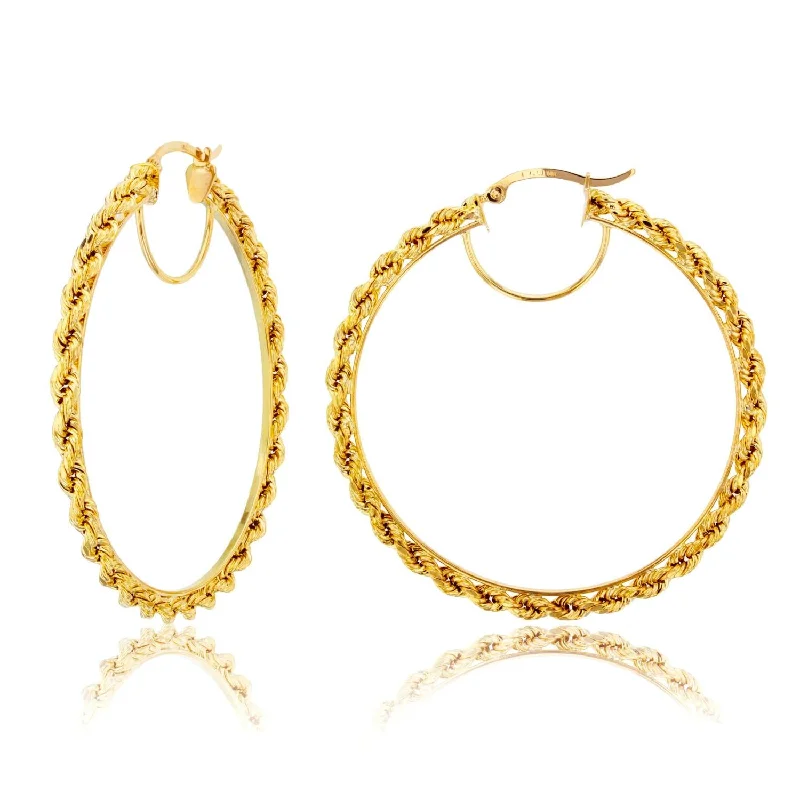 Women’s hoop earrings-10KT Yellow Gold 50X3MM Hoop Rope Design Earrings