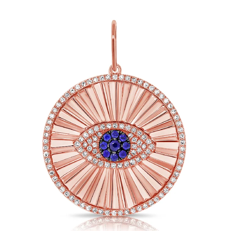 Women’s gold necklace-14K Rose Gold Diamond+Sapphire Evil Eye Halo Pendant