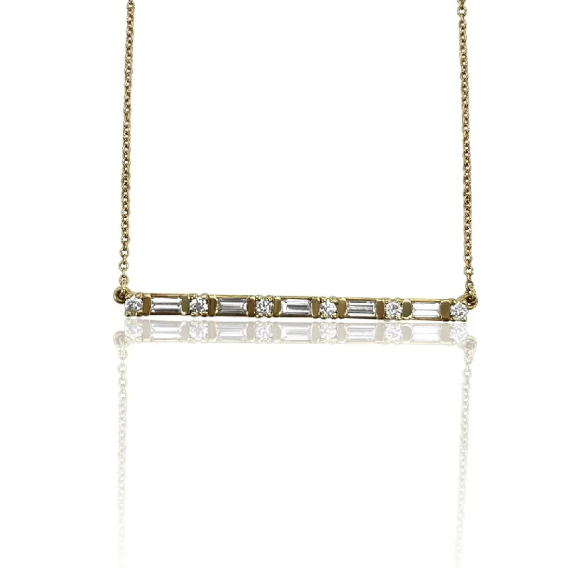 Women’s anniversary necklace-14K Yellow Gold Round And Baguette Diamond Bar Pendant