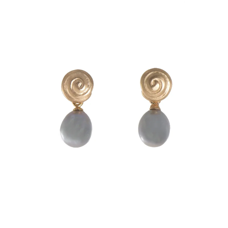 Women’s gemstone drop earrings-Gratitude Swirl Earrings in 24K Fair Trade Gold Vermeil with Pearl and Smoky Quartz