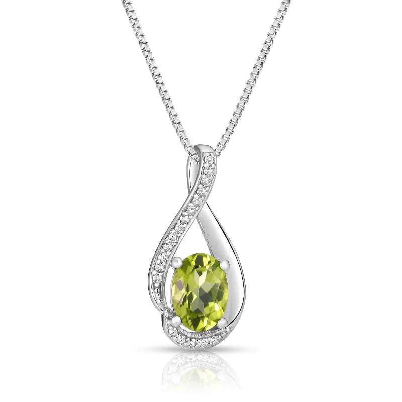 Women’s dainty necklace-Oval Peridot Diamond Swirl August  Birthstone Pendant in Sterling Silver