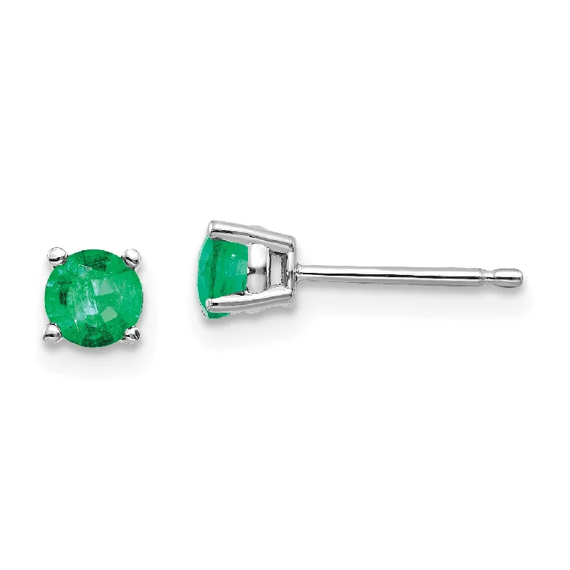 Women’s rose gold earrings-4MM Round Emerald Stud Earrings in 14KT White Gold