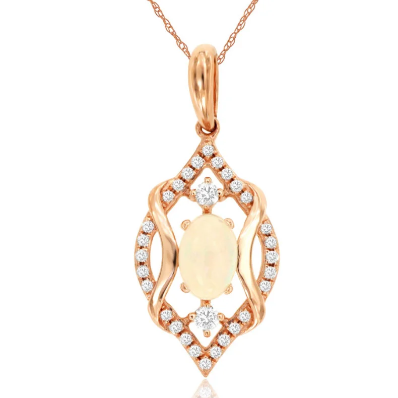 Women’s delicate chain necklace-14 Karat Yellow Gold 2/5 Carat Oval Opal Diamond Pendant