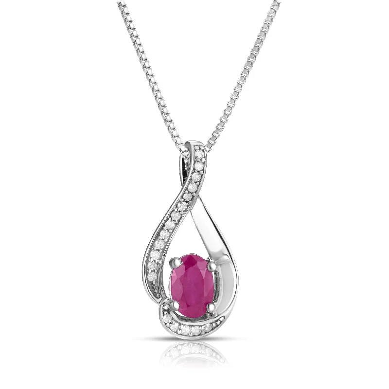 Women’s heart-shaped necklace-Oval Ruby Diamond Swirl July Birthstone Pendant in Sterling Silver