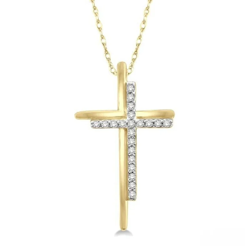 Women’s silver chain necklace-1/10 Ctw Double Cross Round Cut Diamond Pendant With Link Chain in 10K Yellow Gold