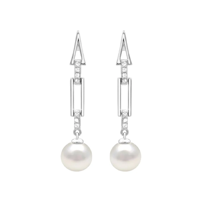 Women’s elegant earrings-8.5X9MM Round Pearl and White Sapphire Drop & Dangle Earrings in Sterling Silver