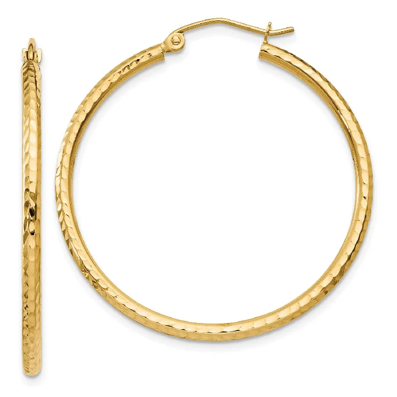 Women’s hammered gold earrings-14KT Yellow Gold 35X2MM Diamond-cut Hoop Earrings