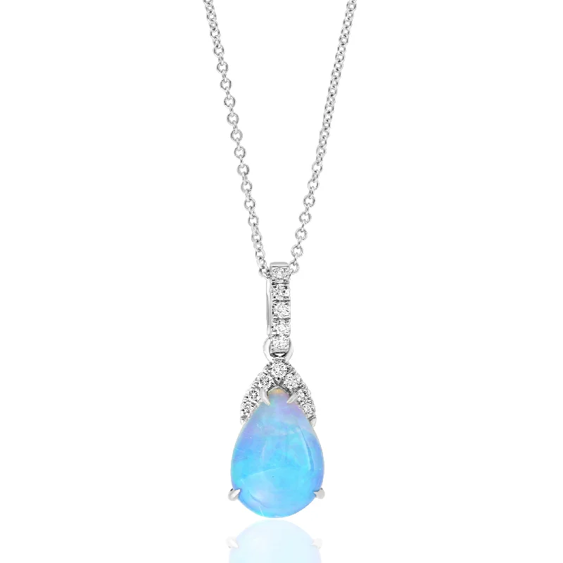 Women’s gemstone necklace-14K White Gold Pear-Shaped Ethiopian Opal and Diamond Pendant with Adjustable Chain