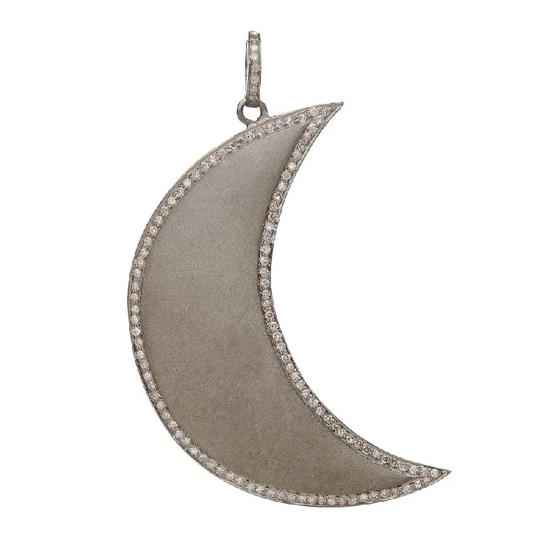 Women’s chic necklace-SATIN CRESCENT MOON DIAMOND PENDANT, BR STERLING SILVER