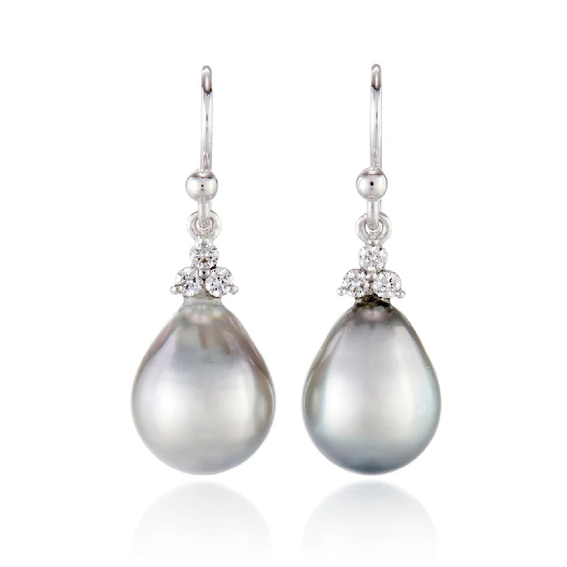 Women’s wedding earrings-Madison Drop Earrings in Baroque Silver Tahitian Pearls & Diamonds