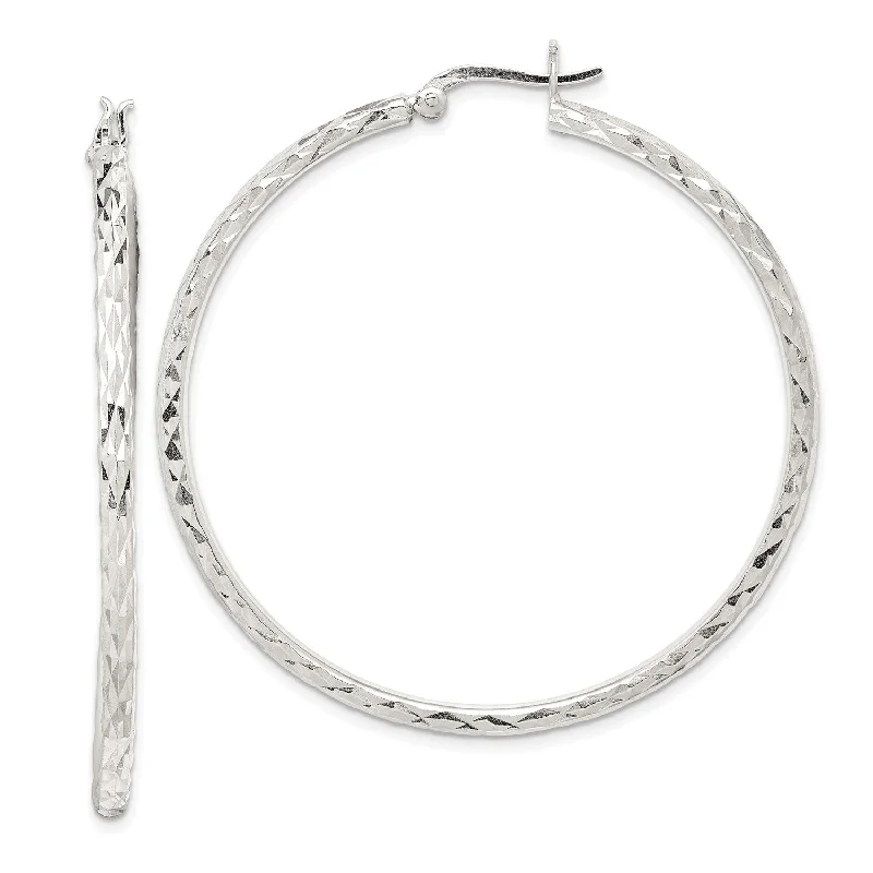 Women’s simple earrings-Sterling Silver 51MM Fancy Diamond-cut Hoop Earrings