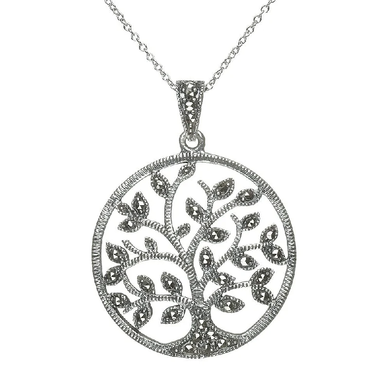 Women’s diamond necklace-Sterling Silver Marcasite Tree of Life Pendant with Chain - ANU1005