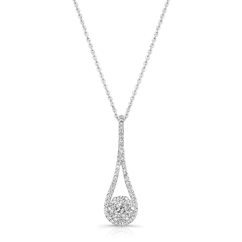 Women’s sapphire necklace-Elongated Drop and Diamond Cluster Pendant, 14K White Gold