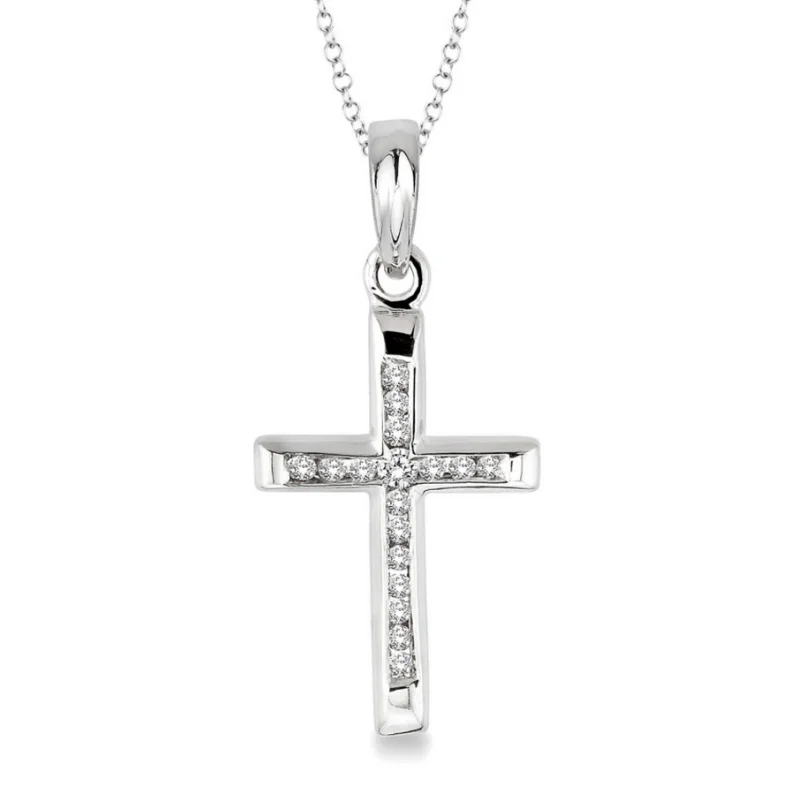 Women’s statement jewelry necklace-Sterling Silver 1/10 Carat Channel Set Diamond Cross Pendant