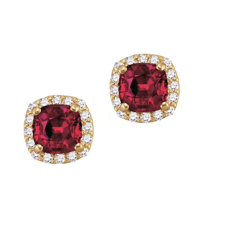 Women’s gemstone drop earrings-5MM Cushion Ruby and White Sapphire Birthstone Halo Stud Earrings in 10KT Yellow Gold