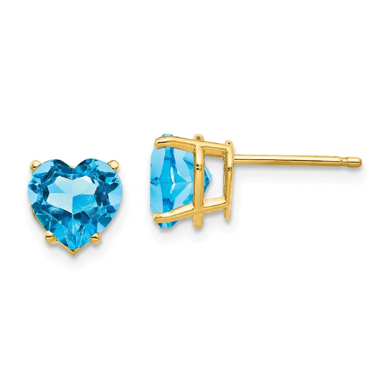 Women’s gemstone earrings-7MM Heart Shape Swiss Blue Topaz Stud Earrings in 14KT Yellow Gold