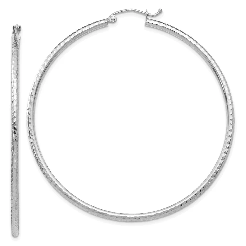 Women’s stud pearl earrings-14KT White Gold 55X2MM Diamond-cut Hoop Earrings