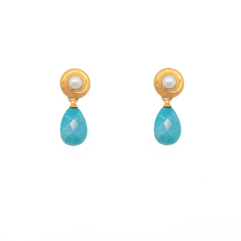 Women’s stud pearl earrings-Turquoise Drop Pearl Earrings With Swirl 24K Fair Trade Gold Vermeil