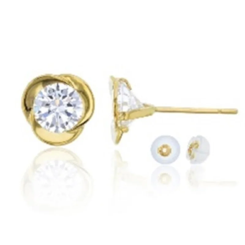 Women’s vintage gold earrings-14KT Yellow Gold 5MM Round Cubic Zirconia Stud Love Knot Earrings