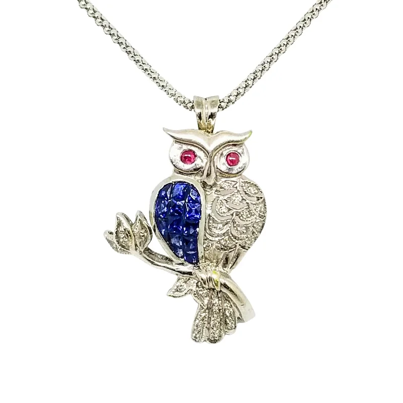 Women’s family necklace-18 kt White Gold Owl Pendant with Diamonds and Sapphires