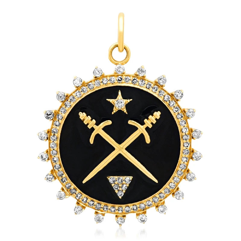 Women’s heart-shaped necklace-BLACK ENAMEL SWORD & STAR PENDANT, DIAMOND, 14kt GOLD