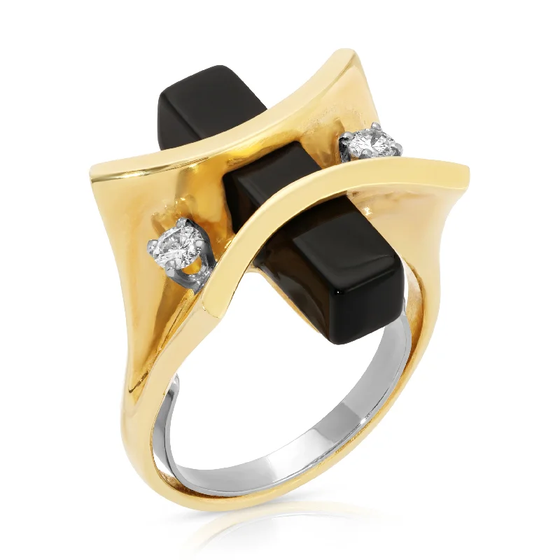 Women’s gold engagement ring-1970s Avante-Garde Onyx with Diamonds