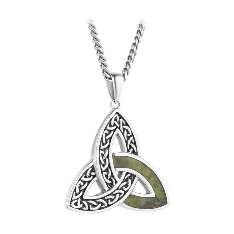 Women’s choker necklace-Sterling Silver Large Connemara Marble Trinity Knot Pendant with Chain - S47060