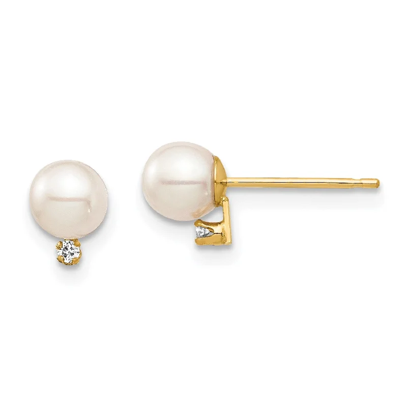 Women’s chunky earrings-4MM Round Pearl and Diamond Stud Earrings in 14KT Yellow Gold