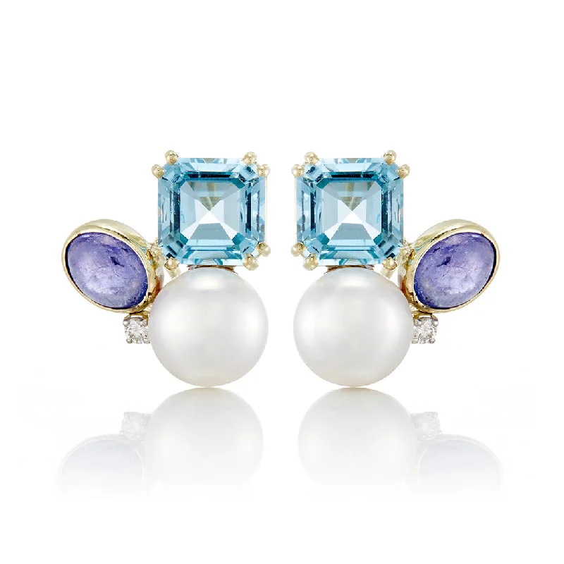 Women’s asymmetrical earrings-Pearl & Gemstone Cluster Earrings