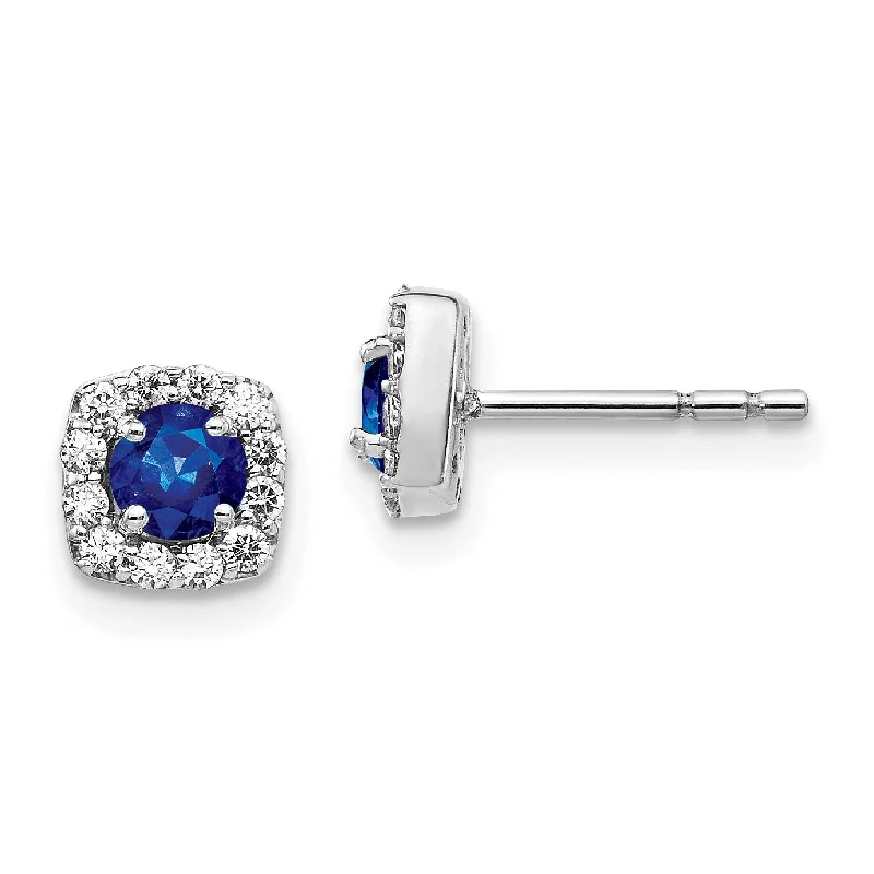 Women’s oversized earrings-14KT White Gold Sapphire and Diamond Halo Cushion Shaped Earrings