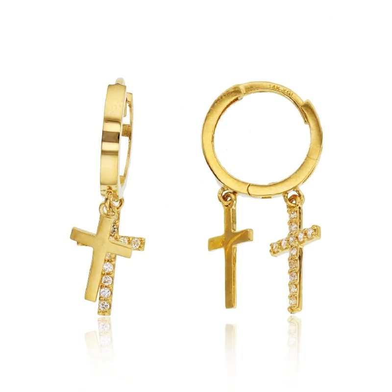 Women’s wedding hoop earrings-14KT Yellow Gold Cubic Zirconia Drop & Dangle Cross Huggie Earrings