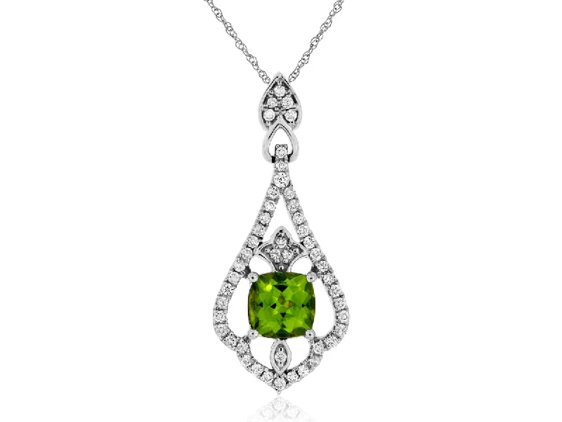 Women’s engraved pendant necklace-10k White Gold 1.29ctw Peridot and Diamond Pendant