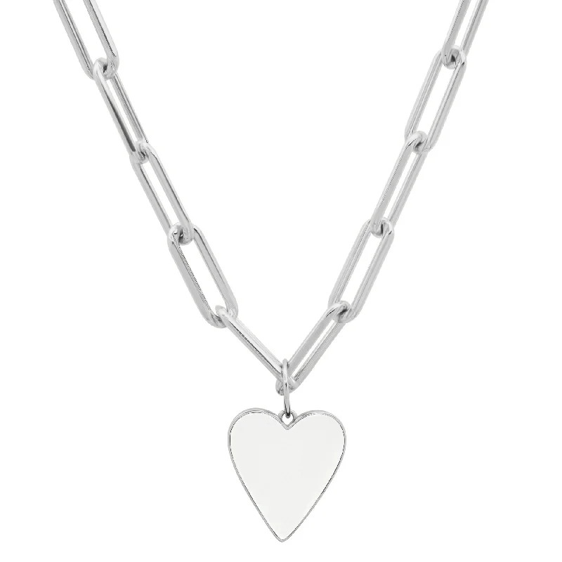 Women’s sparkling necklace-Reversible B & W Heart Paperclip Chain Silver