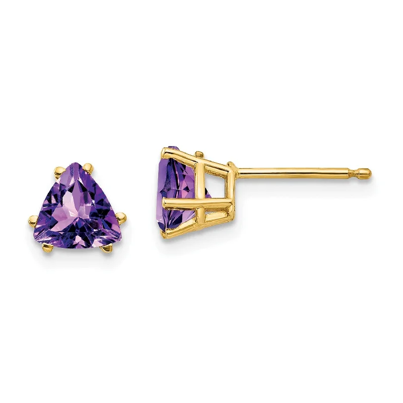 Women’s fashion earrings-6MM Trillion Amethyst Stud Earrings in 14KT Yellow Gold