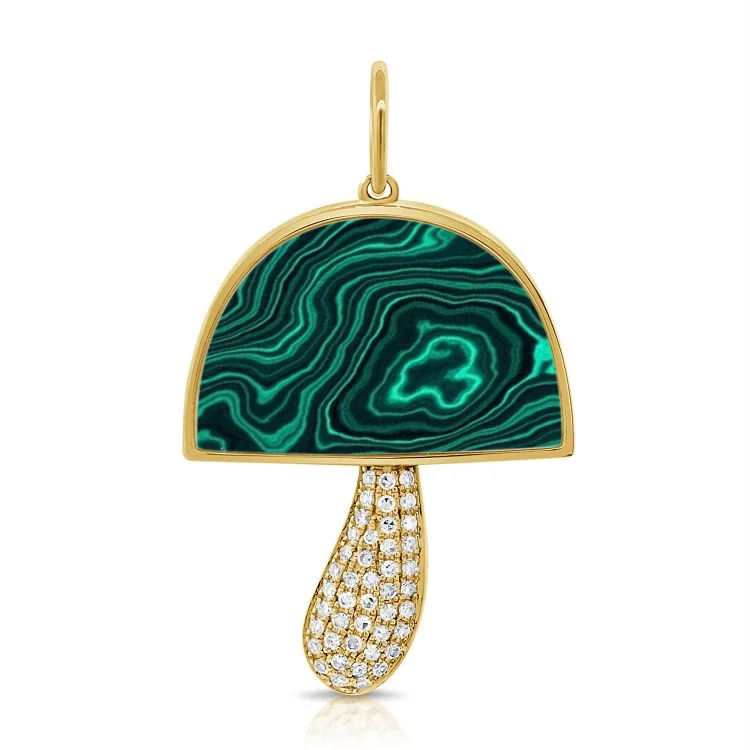 Women’s sparkling diamond necklace-14K Yellow Gold Diamond + Malachite Mushroom Pendant