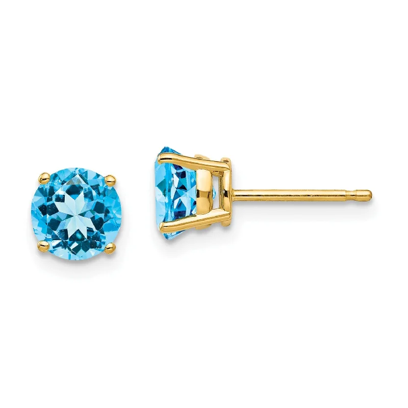 Women’s dangling pearl earrings-6MM Round Swiss Blue Topaz Stud Earrings in 14KT Yellow Gold