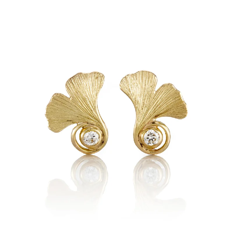 Women’s designer earrings-Ginkgo Leaf & Diamond Stud Earrings