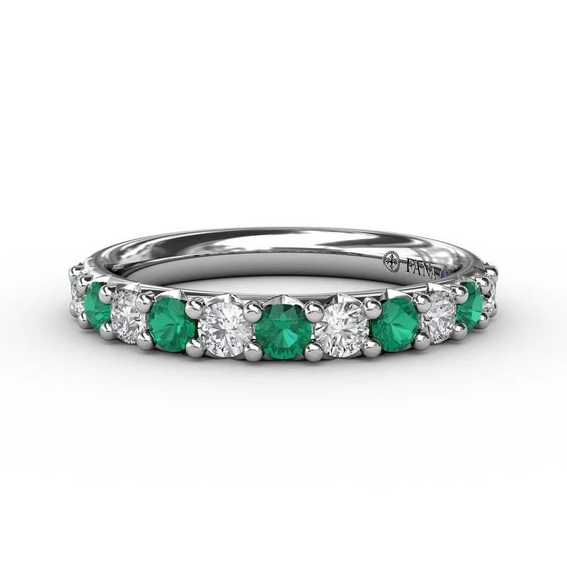 Women’s minimalist engagement ring-Emerald and Diamond Shared Prong Anniversary Band W6203E