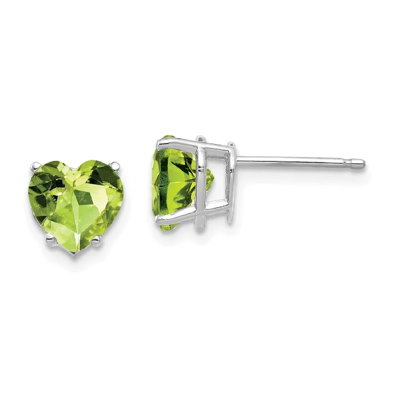 Women’s gold stud earrings-7MM Heart Shape Peridot Stud Earrings in 14KT White Gold