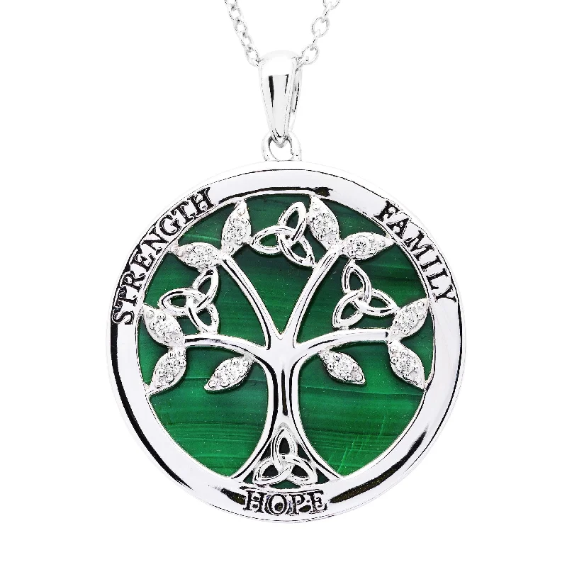 Women’s long necklace-Sterling Silver Tree of Life Malachite Pendant with Chain SP2289