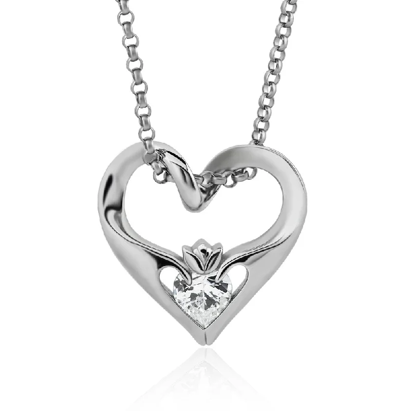 Women’s pearl pendant necklace-Sterling Silver White CZ w/Chain UPS-16435CZ Ladies Modern Floating Claddagh Pendant