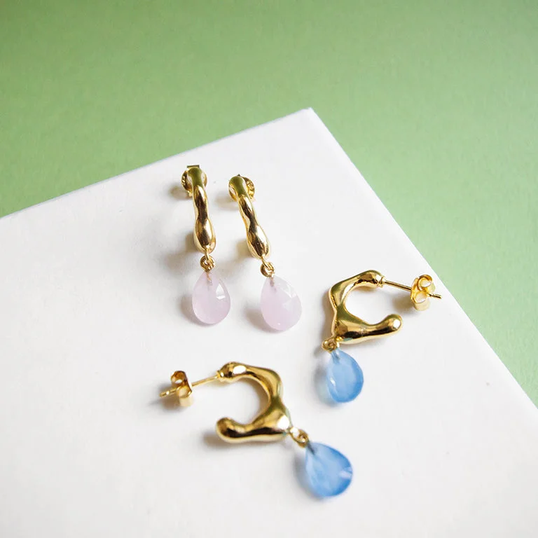 Women’s moonstone drop earrings-Ripple Hoops with Gem Drop