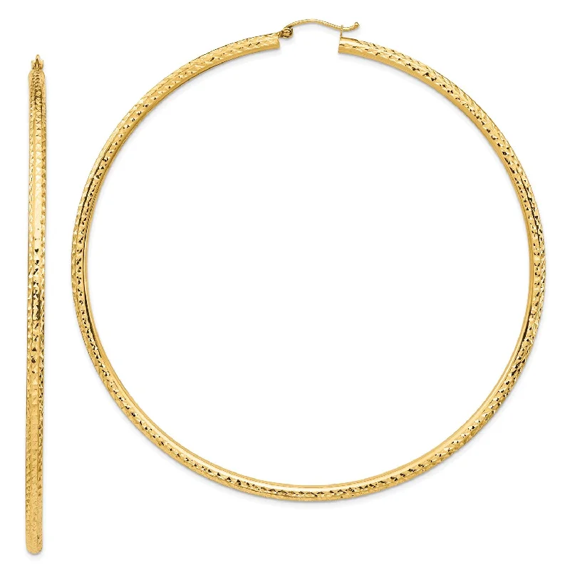 Women’s delicate gold earrings-14KT Yellow Gold 90X3MM Diamond-cut Hoop Earrings