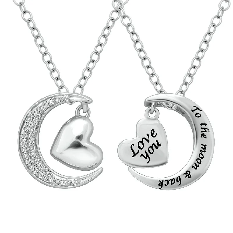 Women’s classy necklace-Sterling Silver 1/8 Ctw Diamond Heart  & Moon Pendant