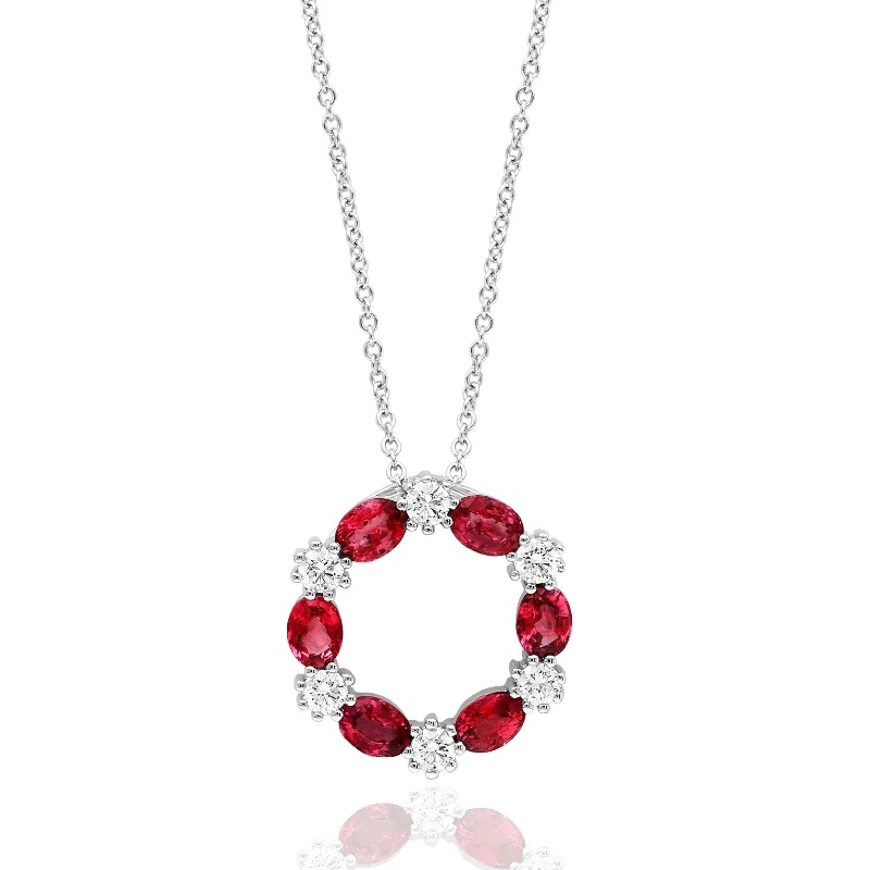 Women’s birthstone necklace-14K White Gold Ruby and Diamond Wreath Pendant with Adjustable Chain