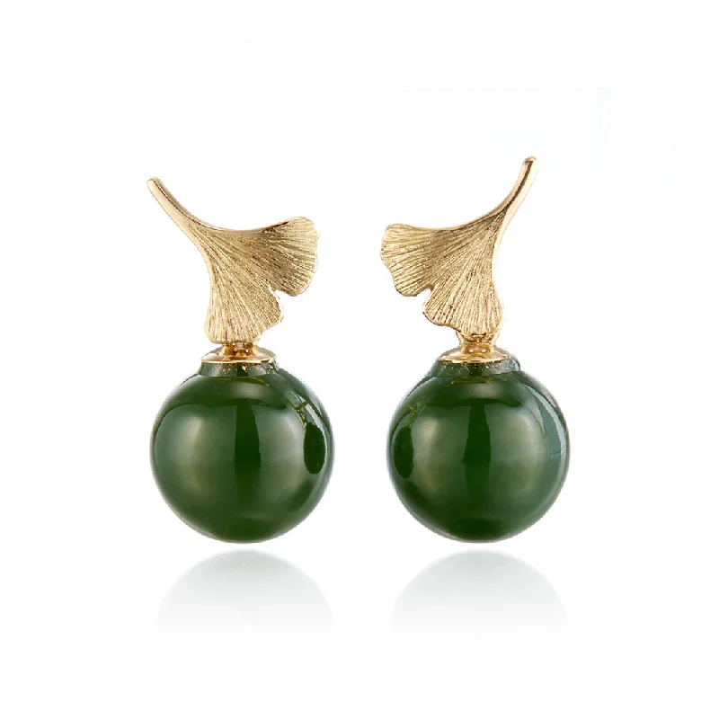 Women’s long earrings-Ginkgo Green Nephrite Jade Drop Earrings