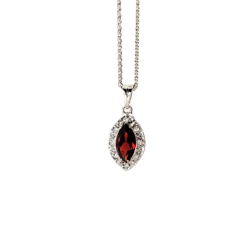 Women’s anniversary necklace-White Gold Pendant with Marquise red Garnet and Diamonds